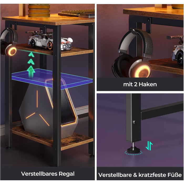 Кутовий стіл Rolanstar з RGB-підсвіткою та розетками, 135 см, для комп'ютера з підставкою для монітора та полицею, реверсивний, з 2 гачками, для спальні/офісу, вінтажний коричневий, 134,5 x 134,5 x 86,2 см