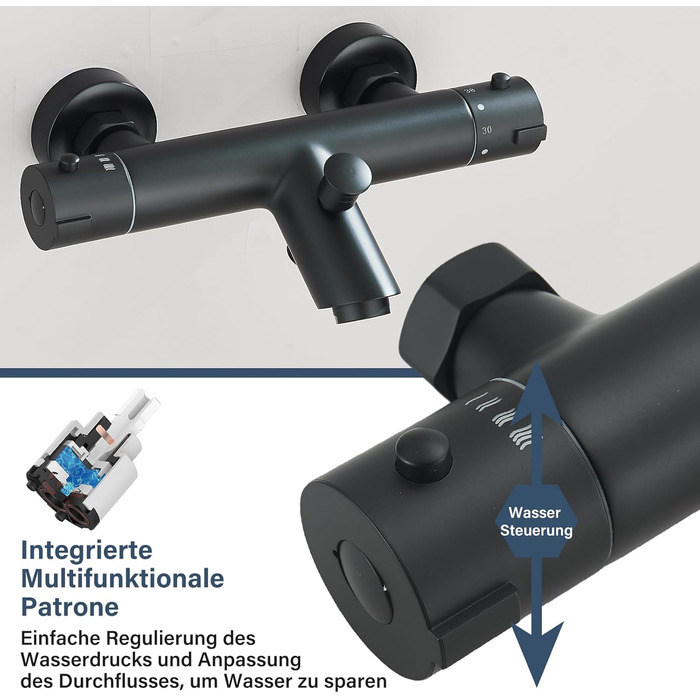 Змішувач для ванни з термостатом, чорний, настінний монтаж - універсальний для ванни та умивальника