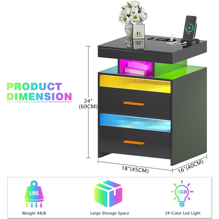 Приліжкова тумбочка Lvifur LED, розумний датчик, USB&Type-C, 2 шухляди, бездротова, 3-кольорова з регулюванням яскравості, чорна