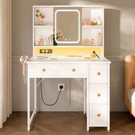 Дзеркальний туалетний столик ODK з регульованим LED-дзеркалом, USB-роз'ємами та RGB-підсвіткою, 5 висувними ящиками та 3 полицями, білий, 90×40×139 см