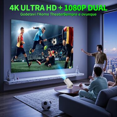 Beamer 4K: Міні проєктор Full HD 1080P з Wi-Fi 6, Bluetooth 5.2 та Android. Підтримка PC/HDMI/USB, авто-корекція Keystone, поворот 270°, з пультом та мишкою, білий.