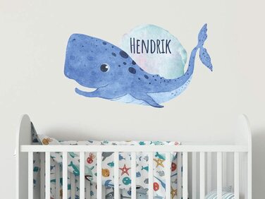 Наклейка на стіну для дитячої кімнати з ім'ям синього кита XXL великого розміру, наклейка на стіну для дитячої кімнати для дівчаток, персоналізована акварель, наклейка на стіну, прикраса для хлопчиків, ШХХ, (100X57 см)