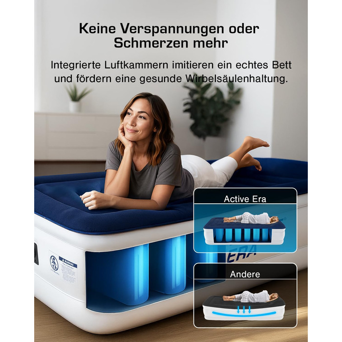 Надувне ліжко Active Era Luxus для 2 осіб з електричним насосом та інтегрованим подушкою. Розмір 200 x 150 x 36.5 см. Підходить для кемпінгу та як гостьове ліжко.