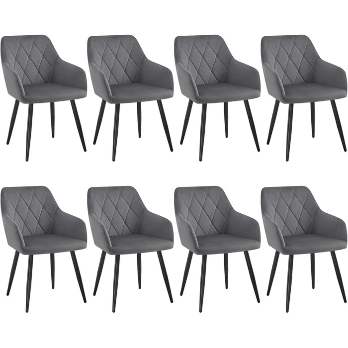 Набір обідніх стільців WOLTU з підлокітниками та спинкою, для кухні, вітальні, їдальні, м'який оксамитовий чохол, металеві ніжки, темно-сірий, 8 шт.