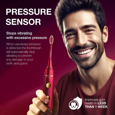 Електрична зубна щітка Wagner Stern WHITEN+ Edition з датчиком тиску, 5 режимів чищення та 3 рівні інтенсивності, 8 насадок, преміум-чохол, зелений (червоний)