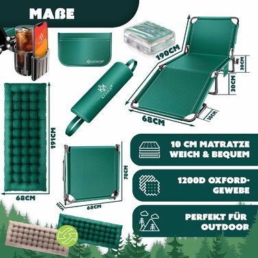Розкладне кемпінгове ліжко KESSER з преміум-матрацом 190x68x30 см, польове ліжко до 250 кг з подушкою, кишенею та підстаканником, для відпочинку на природі та дому, колір Зелений/Тауп