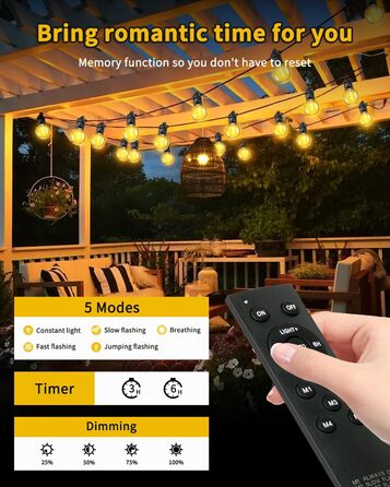 Ланцюжок прикрас для зовнішнього використання, 10м, G40 лампочки. Водостійкий (IP68), диммування, з пультом ДУ. Ідеально для балкона, павільйону, саду, тераси, вечірки, весілля.