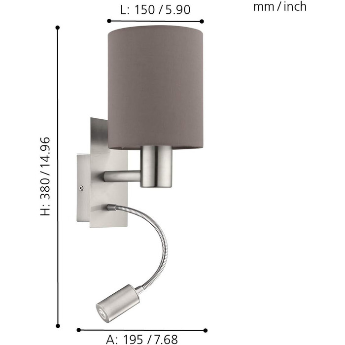 Настінний світильник EGLO Pasteri на 2 полум'я, світлодіодне світло для читання, срібло/антрацит, E27, матовий нікель