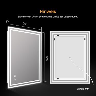 Дзеркало для ванної кімнати EMKE з підсвіткою 50x60 см, з антизапарюванням, 2 кольори світла (тепле/холодне), LED, сенсорне керування