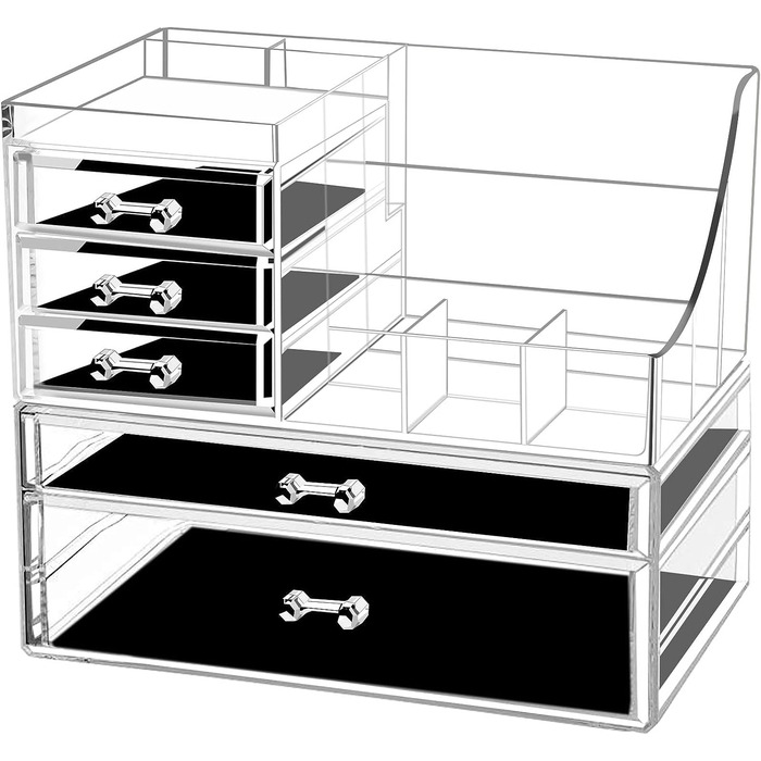 Великий косметичний ящик для зберігання місткістю 8 решіток різних розмірів і для спалень і ванних кімнат,Органайзер для акрилової косметики,Прозорий (5 висувних ящиків)