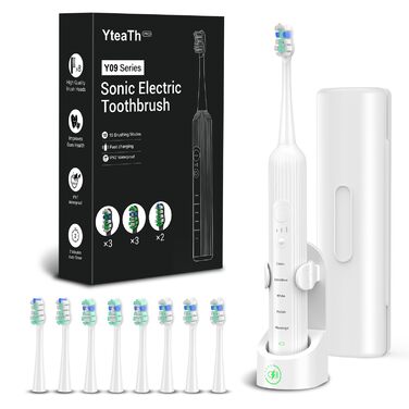 Електрична звукова зубна щітка для дорослих та дітей, 5 режимів чищення, 3 рівні інтенсивності, таймер, 8 насадок, кейс для подорожей, біла (1 шт.)
