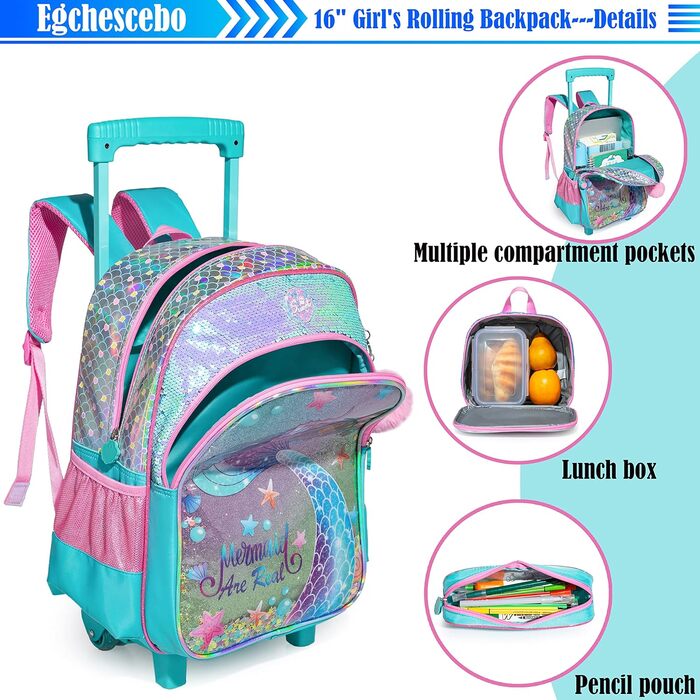 Дитячий рюкзак Egchescebo Satchel для дівчаток на колесах 17 3PCS Дорожні рюкзаки (Blue-mry)