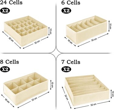 Осередки ящики для зберігання шкарпеток і нижньої білизни, складні ящики, роздільники ящиків, ящики Органайзер тканинні коробки для зберігання шкарпеток,шарфів, краваток(сірий) (набір з 8 бежевих), 3 шт., 24