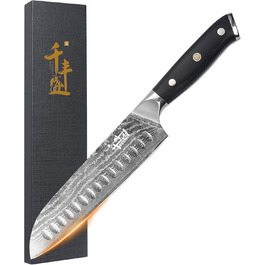 Дамаскенський сантоку 18 см - професійний ніж для кухні з дерев'яною ручкою, високовуглецева сталь, VG10, нержавіюча сталь