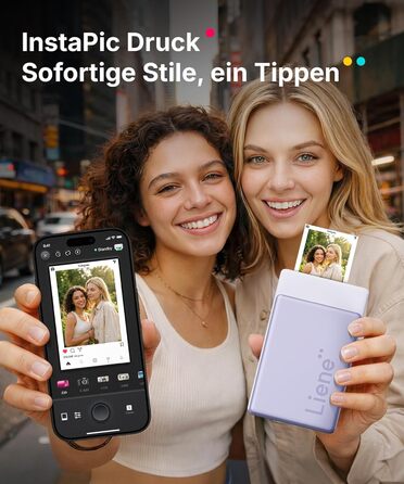 Портативний міні-фотопринтер Liene Pearl N200 Pro з підключенням Bluetooth, сублімаційна технологія, 300 dpi, для iPhone та Android, вбудований акумулятор, комплект з 50 фото (5x7,6 см) та 5 фарбовими стрічками (Lila)