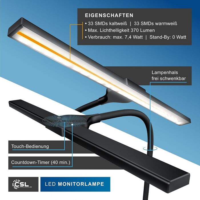 LED-лампа для монітора CSL Screenbar USB з пультом дистанційного керування, регульована яскравість, 3 колірні температури, захист очей, поворотна
