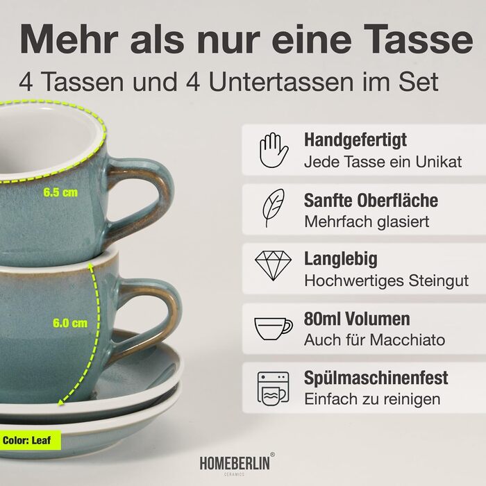 Набір еспресо-чашок Homeberlin® Barista Pro: 4 чашки по 80 мл з підставками, преміум якість, ручна робота, глазур з листом