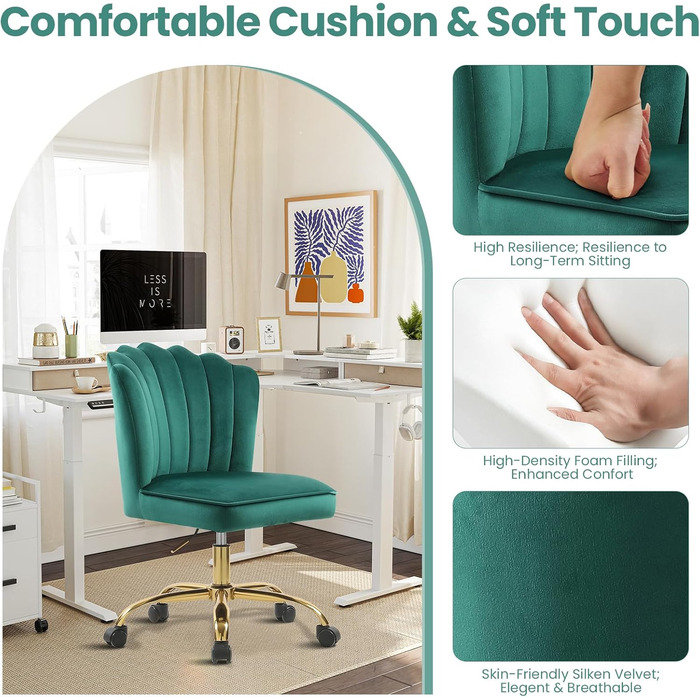Крісло для офісу Fiximaster Homeoffice, крісло для робочого столу, обертове, регульоване по висоті, з м'якою оббивкою з велюру, золоті ніжки, для робочого кабінету, спальні, до 135 кг, зелене