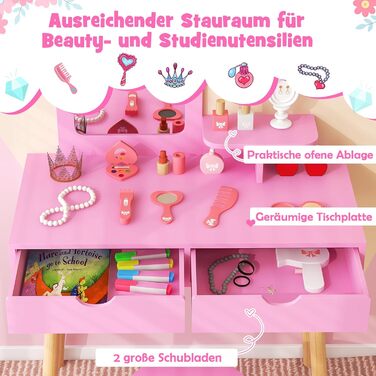 Детский туалетный столик Dreamade с табуретом и съемным зеркалом, принцесс-стиль, с ящиком, из дерева, для девочек (белый/розовый)