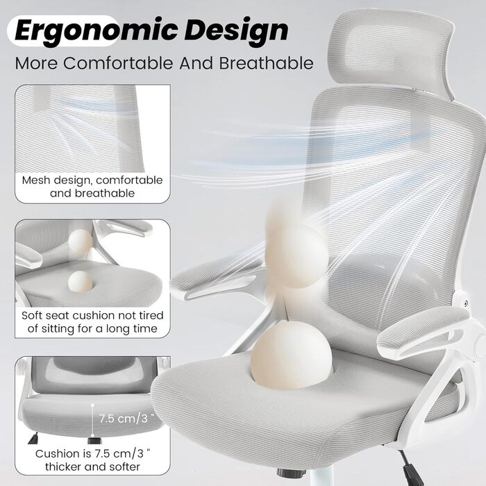 Ергономічне крісло для офісу Fizzin з регульованою поперековою підтримкою, дихаюча сітка, потовщене сидіння, зручне для дому та офісу (Рожевий, Сірий)