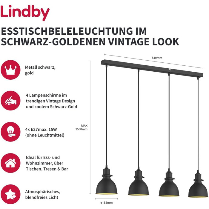 Підвісний світильник для обіднього столу Lindby Чорне золото, підвісний світильник металевий, 4 шт. E27 макс. 60 Вт, без лампочки, підвісний світильник промисловий, вінтажний підвісний світильник