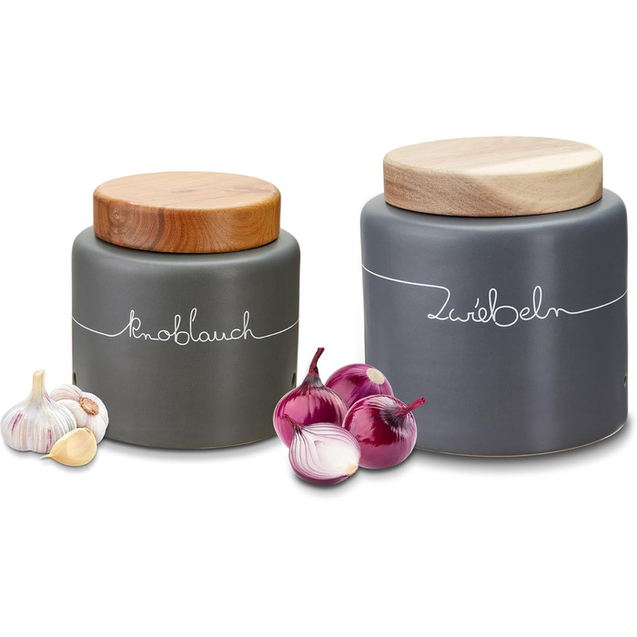 Набір контейнерів для картоплі, цибулі та часнику KHG, 3 шт., кераміка, антрацитовий сірий, бамбукові кришки, об'єм 3 л та 1,5 л