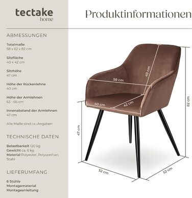 Крісло Tectake® для вітальні та обідньої кімнати з підлокітниками, м'яке крісло з оксамитовою подушкою, коричнево-чорне (6 шт. в наборі)