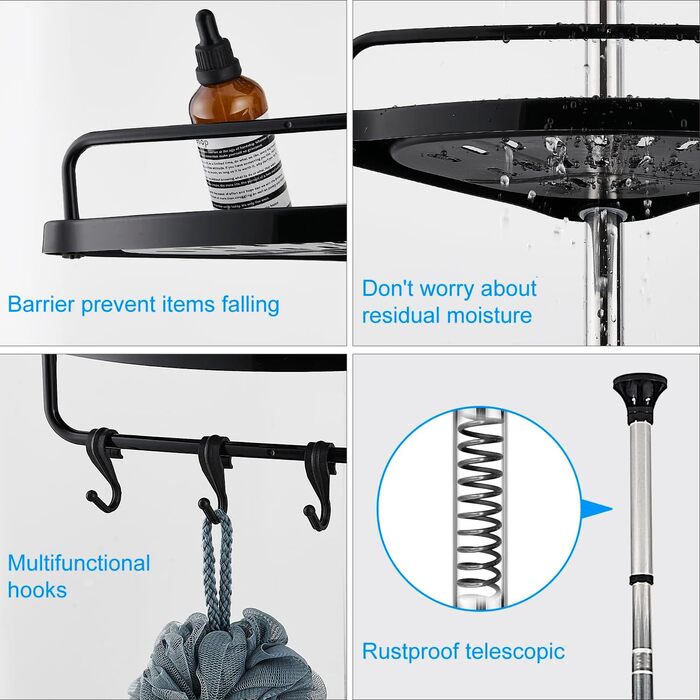 Телескопічна душова полиця ZHUGE , регульована кутова полиця для душу з 4 полицями, 4 гачками, анга для рушників для зберігання у ванній кімнаті, нержавіюча, 70-330 см від підлоги до стелі, (чорний)