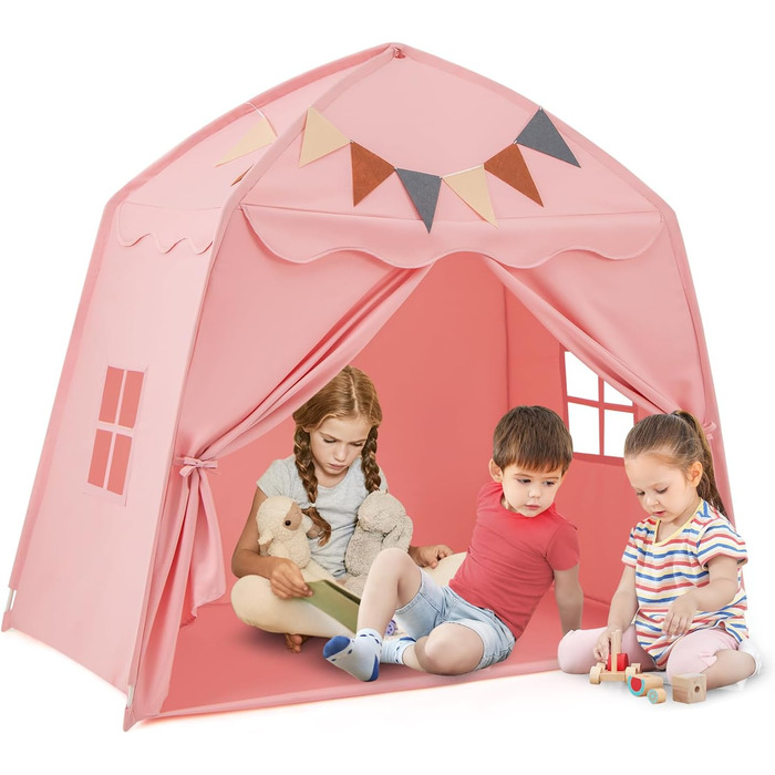 Дитяче намет-будиночок HOMASIS для гри в приміщенні, рожевий: зі світлячками, килимком, вікнами та фіранками