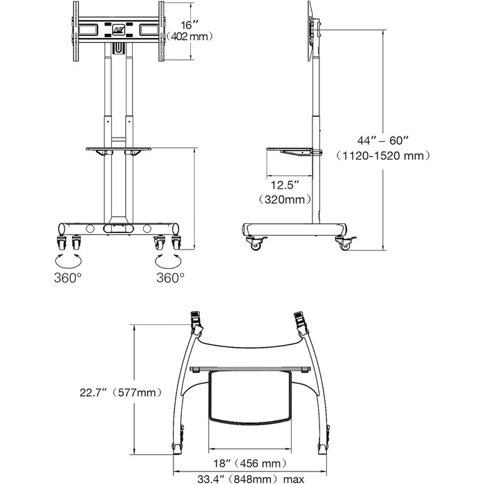 Підставка для телевізора Ergosolid AVA1500B на колесах, чорна, до 45.5 кг, регульована для LCD/LED/Plasma