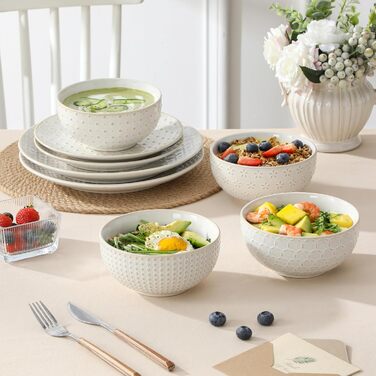 Набір посуду Malacasa LYDIA (24 шт.) для 4 осіб, бежевий: 16-ти частинний сервіз зі столових тарілок та чашок з рельєфом, з каменю