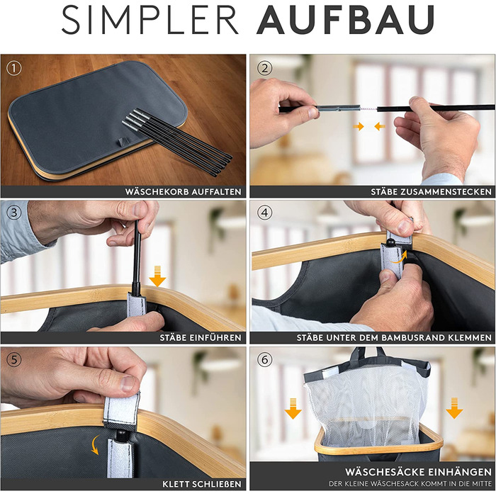 Кошик для білизни з кришкою 145L, водовідштовхуючий, 3 відділення, знімні мішки для білизни, складна коробка для білизни з інструкціями по пранню