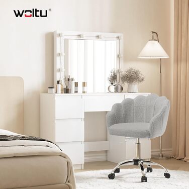 Крісло WOLTU для офісу та дому, крісло до туалетного столика з підлокітниками у вигляді пелюсток, поворотне з роликами, регульоване по висоті, для робочого кабінету, спальні (Світло-сірий, кашеміровий матеріал)