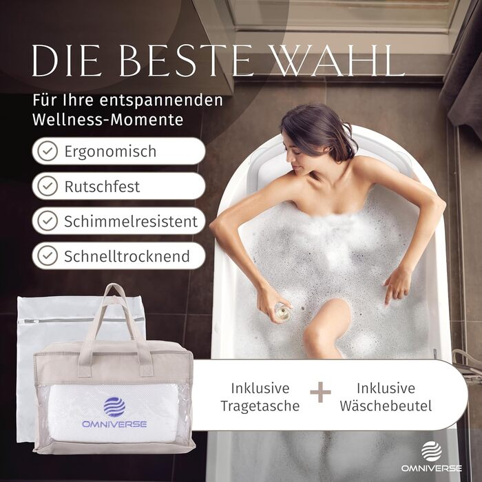 Подушка для ванни Omniverse Ganzkörper 125×40 см, для зросту 160–180 см, для гладких поверхонь, швидковисихаюча, для чутливої шкіри, біла
