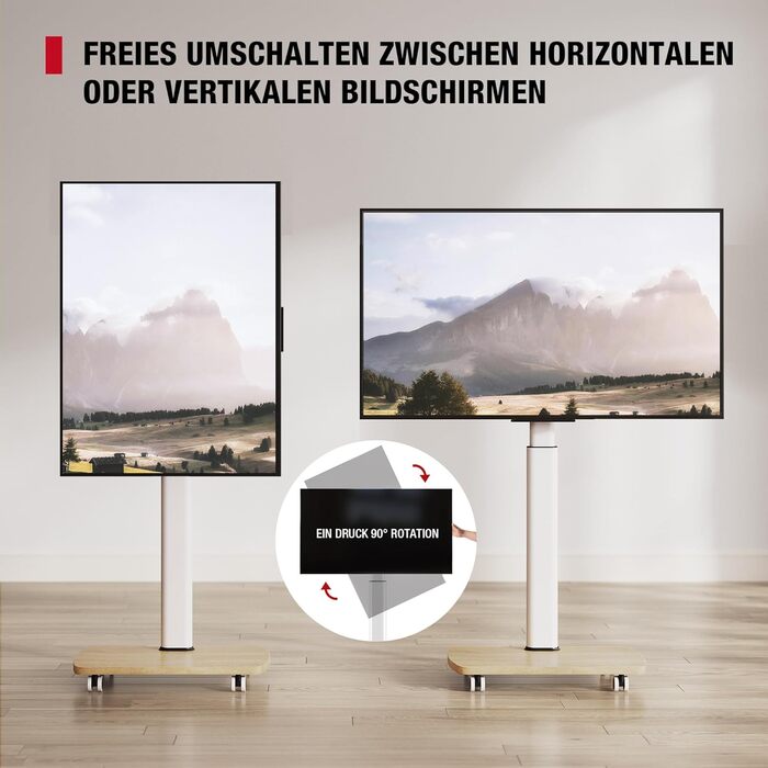 Підставка для телевізора на колесах з полицею, для телевізорів 32-65 дюймів, до 35 кг, поворотна на 90°, регульована по висоті, VESA 400x400mm (Білий+Натуральний колір)