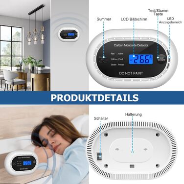 Детектор чадного газу з батареєю на 10 років, LCD-дисплеєм, акустичним сигналом 85dB, функцією вимкнення звуку, для безпеки вдома, EN50291, автономний, чорний