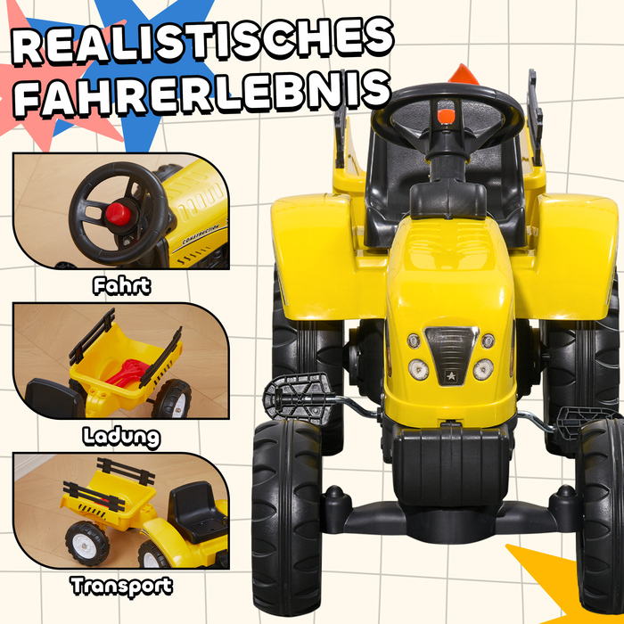 Трактор Trettraktor з причепом, інструментами, гудком, для дітей від 3 років, металевий каркас, чорно-жовтий, 133 x 42 x 51 см