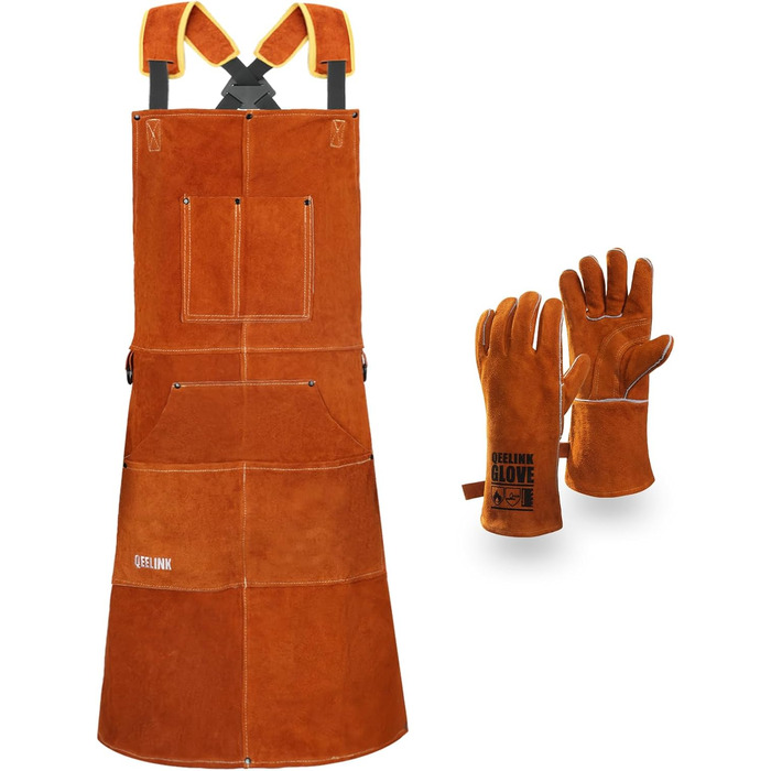 Швейний фартух QeeLink зі шкіри з рукавичками, 6 кишень, вогнестійкий та жаростійкий, коричневий