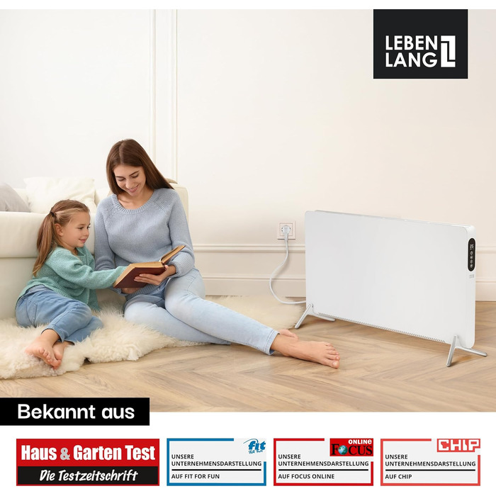 Електричний конвекторний обігрівач LEBENLANG з Wi-Fi, 2000W, білий. Економія енергії, дистанційне керування, підлоговий/настінний монтаж