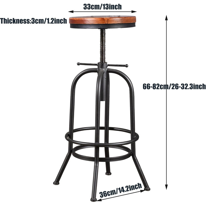 Промисловий ретро поворотний табурет, 66-82 см, регульований по висоті, чорний, набір з 2 шт.