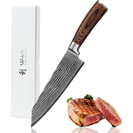 Японський ніж Wakoli EDIB Kiritsuke з дамаської сталі (серцевина VG10), 20 см – професійний кухонний ніж для точних нарізок, з ручкою з паккавуду, у подарунковій коробці (без гравію)