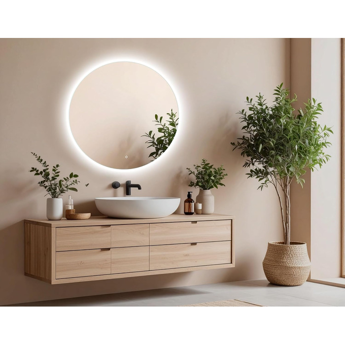 Дзеркало для ванної кімнати Venti 60 см з підсвічуванням та сенсорним вимикачем, кругле, LED, 60x60 см