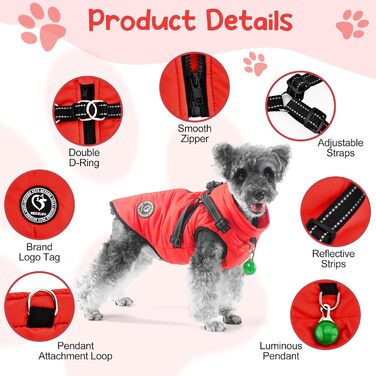 Пальто для собак HezzLuv зимове, водонепроникне, флісова підкладка, D-кільце, застібка-блискавка, розмір M, червоне