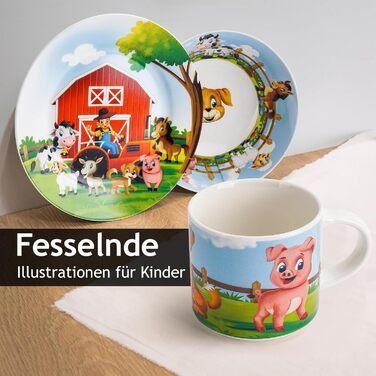 MIAMIO Набір дитячого посуду з порцеляни (3 шт.) - Тарілка, миска, чашка - Для дітей та малюків (Ферма)