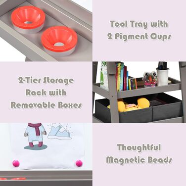 Дитяча мольберт LIFEZEAL 3 в 1: дошка для малювання, whiteboard, крейдяна дошка та рулон паперу, з 2 поличками та ящиками для зберігання, сірий