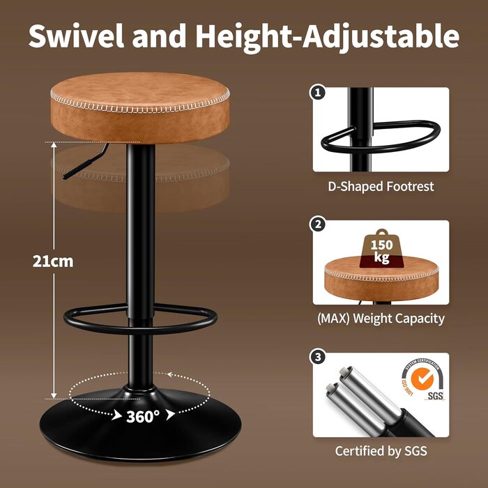 Набір з 2 барних стільців з мікрофібри, з підніжкою, обертаються на 360°, витримують до 150 кг, коричневі