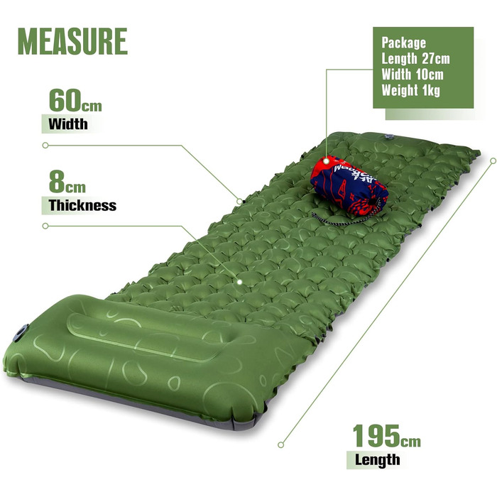 Надувний матрац Водонепроникний спальний килимок Надувний матрац з подушкою Невеликий складаний термо широкий килимок для пляжного намету Outdoor Green