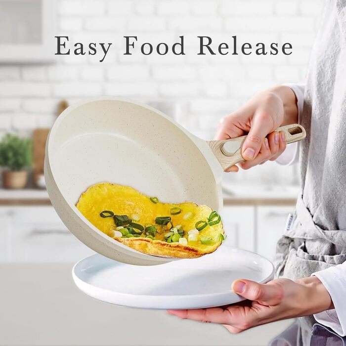 Набір сковорідок RIOVARM з індукційним покриттям, знімними ручками та кришками (20/24/28 см), антипригарне покриття без PFOA, для всіх типів плит, безпечне для миття в посудомийній машині та випікання в духовці, бежевий, 3 шт.