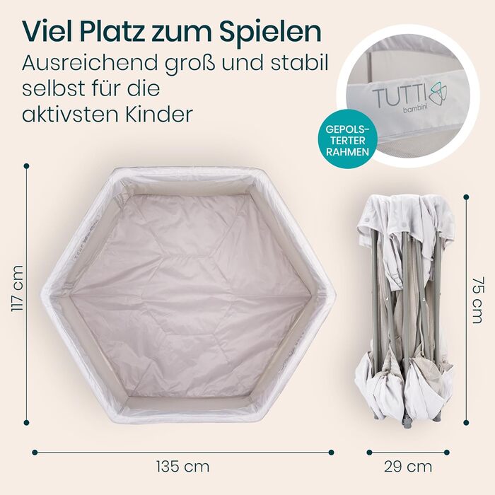 Дитячий манеж Tutti Bambini Laufstall - портативний, з сіткою 360°, швидко складається, з кишенькою та матом, 135x135x75 см (сріблястий)