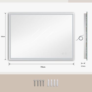 Дзеркало для ванної кімнати з LED-підсвічуванням Dripex 50x70 см, сенсорне управління, протитуманне покриття, Bluetooth, розетка, 3 кольори світла